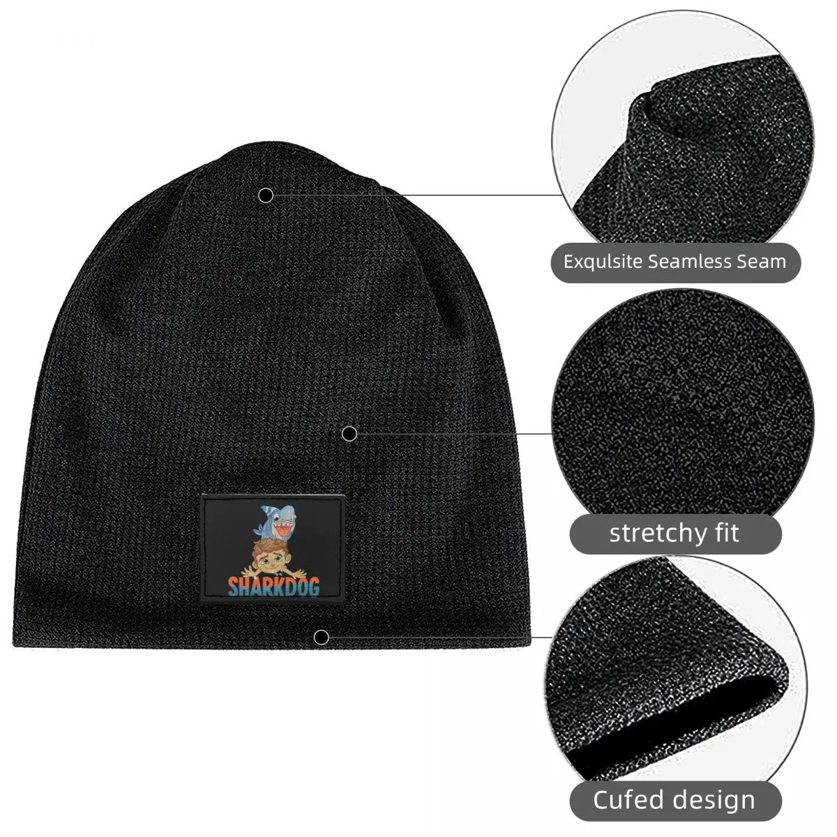 Sharkdog Shark Waffle Knit Fleece Lined Beanie with PU Leather Patch Unisex Warm Winter Soft Cap