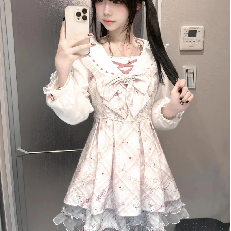 

Japanese 2 Piece Dress Sets Women Bow Dress Shorts Set Lolita Sweet Long Sleeve Plaid Shirt Dresses Kawaii Lolita Y2k Outfits
