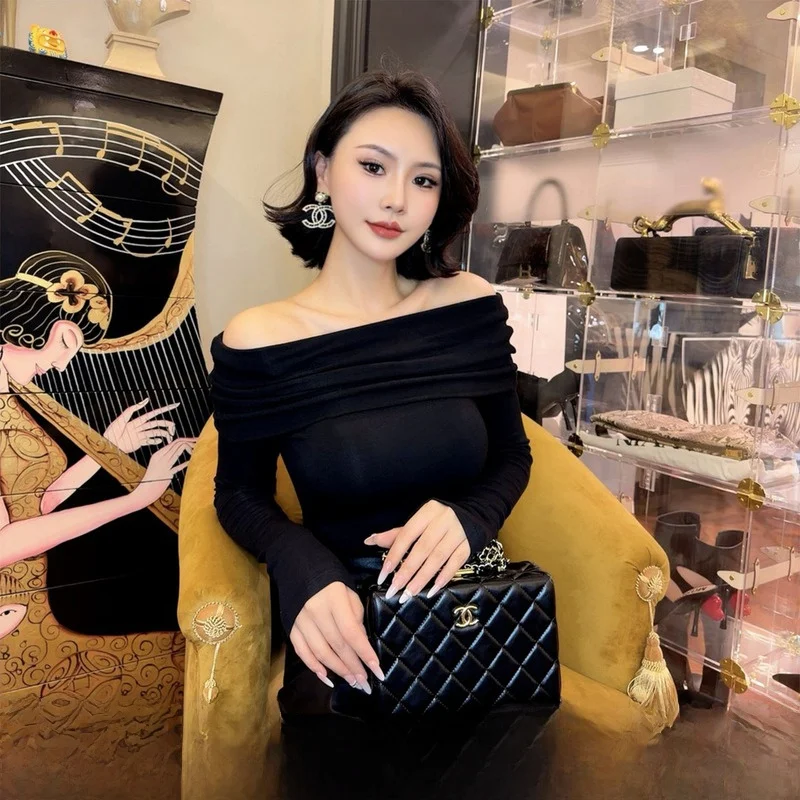 

LYXJ Paris New Wind Slim Fit Knitwear One oulder Women's T-irt Spring 2026 Casual Sle Long Sve Polyester Fiber