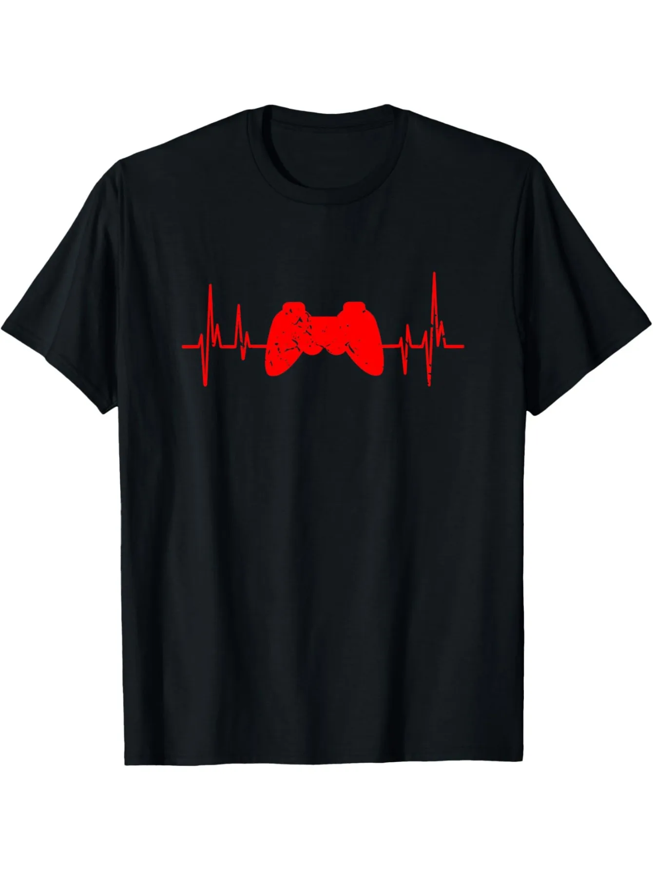 Game Heartbeat Pattern T-Shirt - Black T-Shirt with Red Game Controller Design and Ecg Lines, Fun and Creative Gift for Gamers, Suitable for Casual Wear, Summer Style