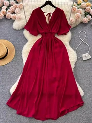 Spring Summer Women Sexy V-Neck Long Dress Beach Vacation Elegant Red/Black/Green Short Sleeve A-LIne Backless Maxi Vestidos New
