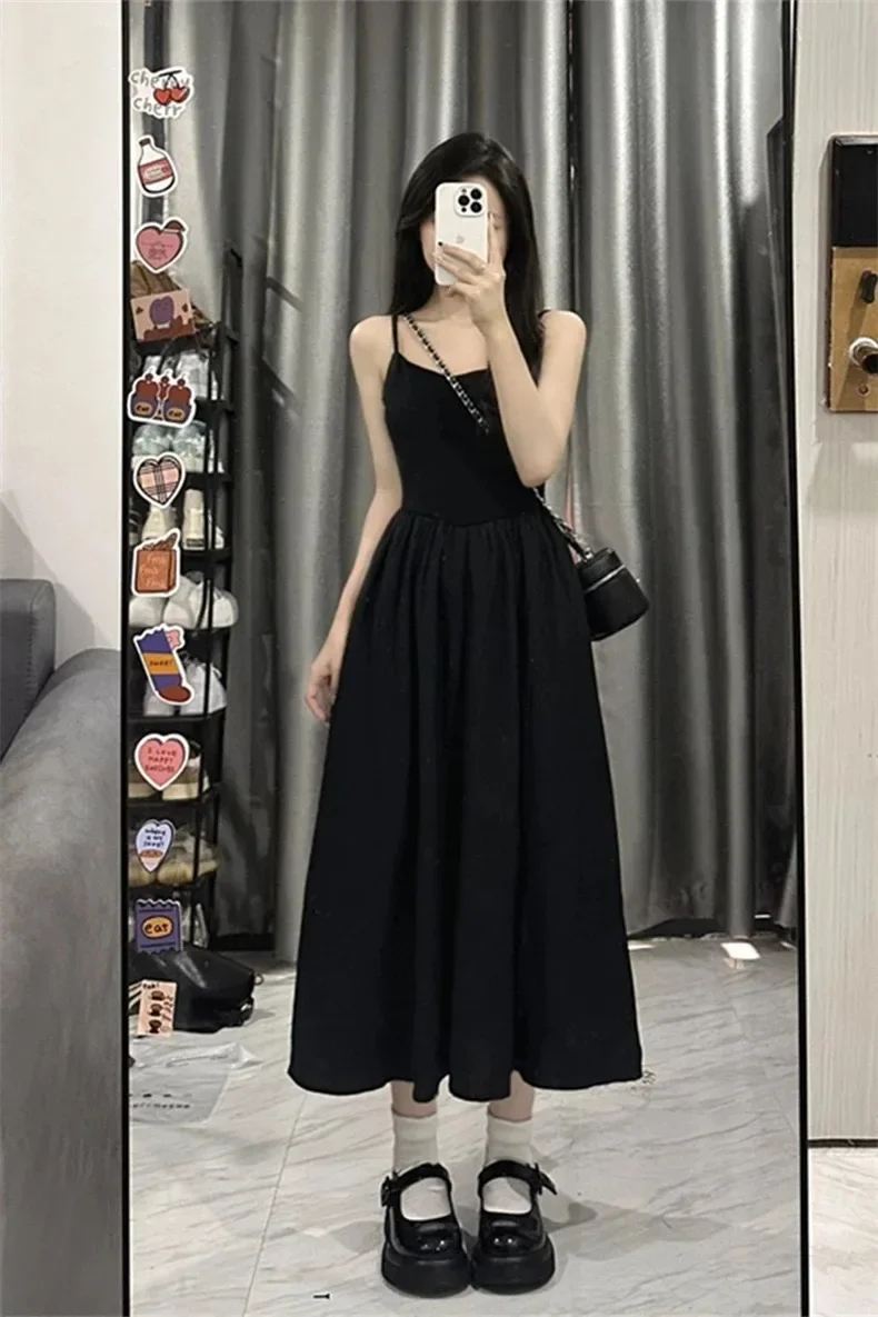 Woman Black Simple Basic Sleeveless Dresses Summer New French Solid Color Women's Dress Slim Sweet Elegant Ladies Dress