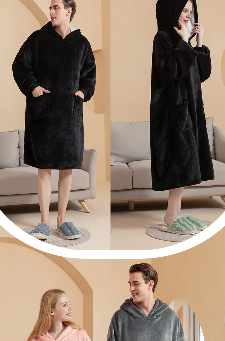 Paar-Partnerlook Übergroßer Flanell-Bademantel mit Kapuze, Warme Plüsch-Loungewear-Robe mit Taschen für Männer und Frauen – Detail 9