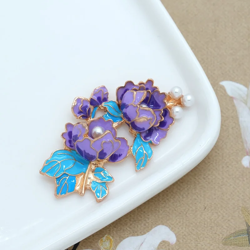 

6Pcs New Chinese-style National Wind Color Drip Oil Pearl Peony Pendant for Women, Alloy Rhinestone Flower Dress Accessories