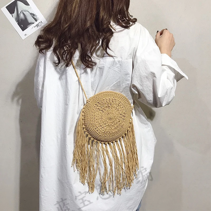 Yogodlns Fashion Round Hand-woven Woman Shoulder Bag Summer Travel Shopping Straw Beach Bags Tassels Female Small Messenger Bag