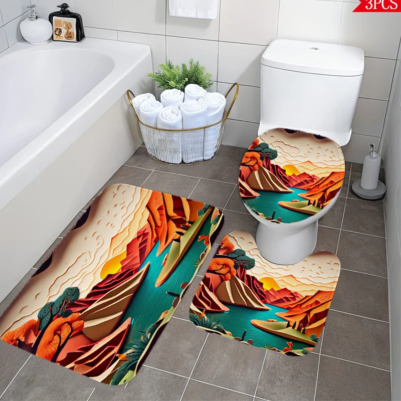 

Desert Canyon Bathroom Set Three Piece Mat Toilet Lid Cover and U Shaped Rug Soft Thick Cushioned Non Slip Surface Machine