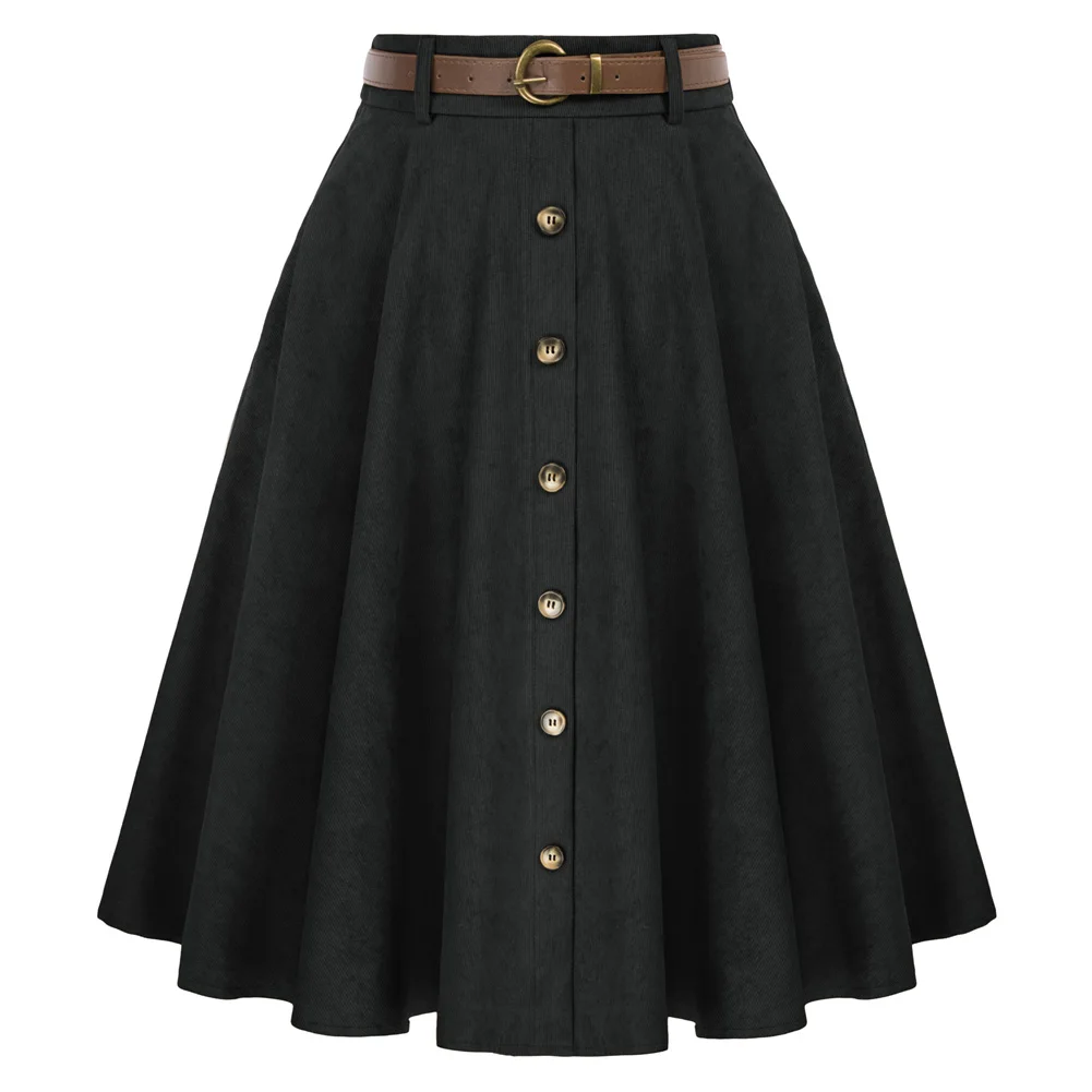 

Belle Poque Women Corduroy Skirt With Belt Elastic Autumn Winter Solid Skirt Elegant Business Formal High Waist Swing Skirt