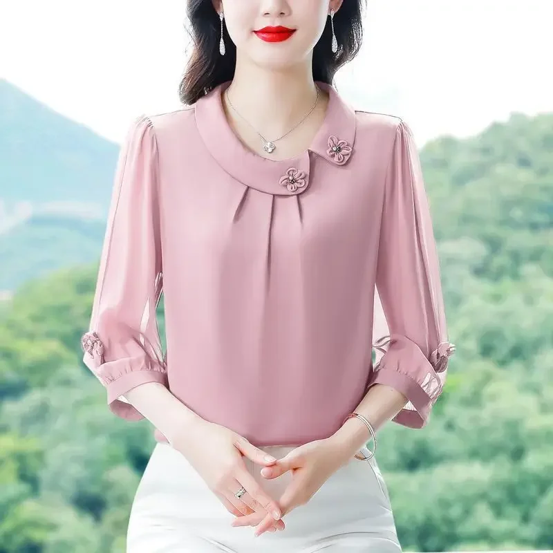 Women's Clothing Solid Color Pullover Round Gauze Tie Flowers Lantern Three Quarter Casual Chiffon T-shirt Elegant Tops A283