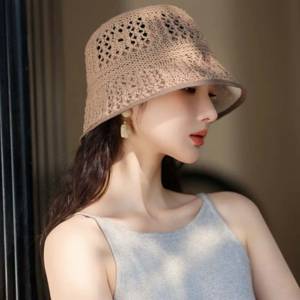 

Темпераментная вязаная панама, ажурная анти-УФ-тканая рыбацкая шляпа, дышащая однотонная солнцезащитная кепка для бассейна, уличная