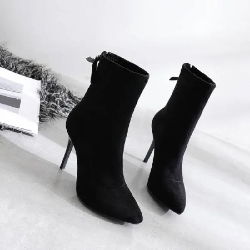 

Зимние женские ботильоны, фиолетовые, черные, эластичные, из флока, вечерние, офисные, с острым носком, на высоком тонком каблуке, на молнии, эластичные короткие ботинки