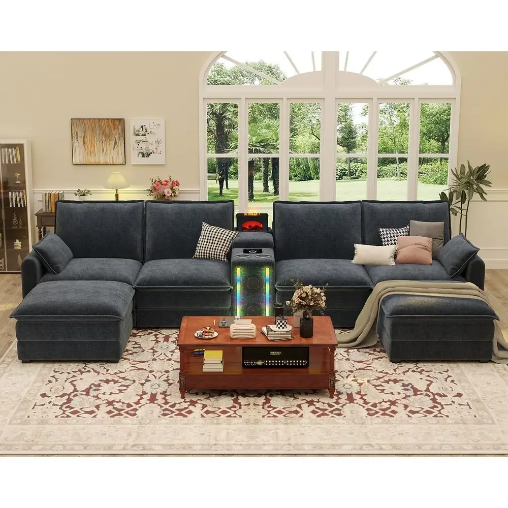 ular Sectional Soa, 6 Seat haped Couch Smart ule-Bluetooth Speaker/RGB Light/Huiier/Charging Station, Chenille Sectional Couches