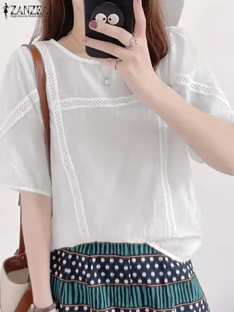 

ZANZEA Vintage Puff Short Sleeve 2024 Shirts Women Summer Blouse Korean Fashion Lace Patchwork Tunics Casual Loose Solid Tops