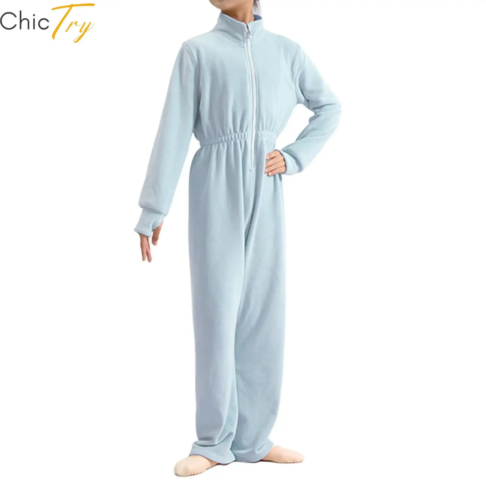 ชุดจั๊มสูทผ้าฟลีซสำหรับเด็กผู้หญิง คอตั้ง แขนยาว มีรูสำหรับนิ้วโป้ง เอวยางยืด ชุดบอดี้สูทผ้าฟลีซเนื้อนุ่มสำหรับใส่ที่บ้านและเล่น