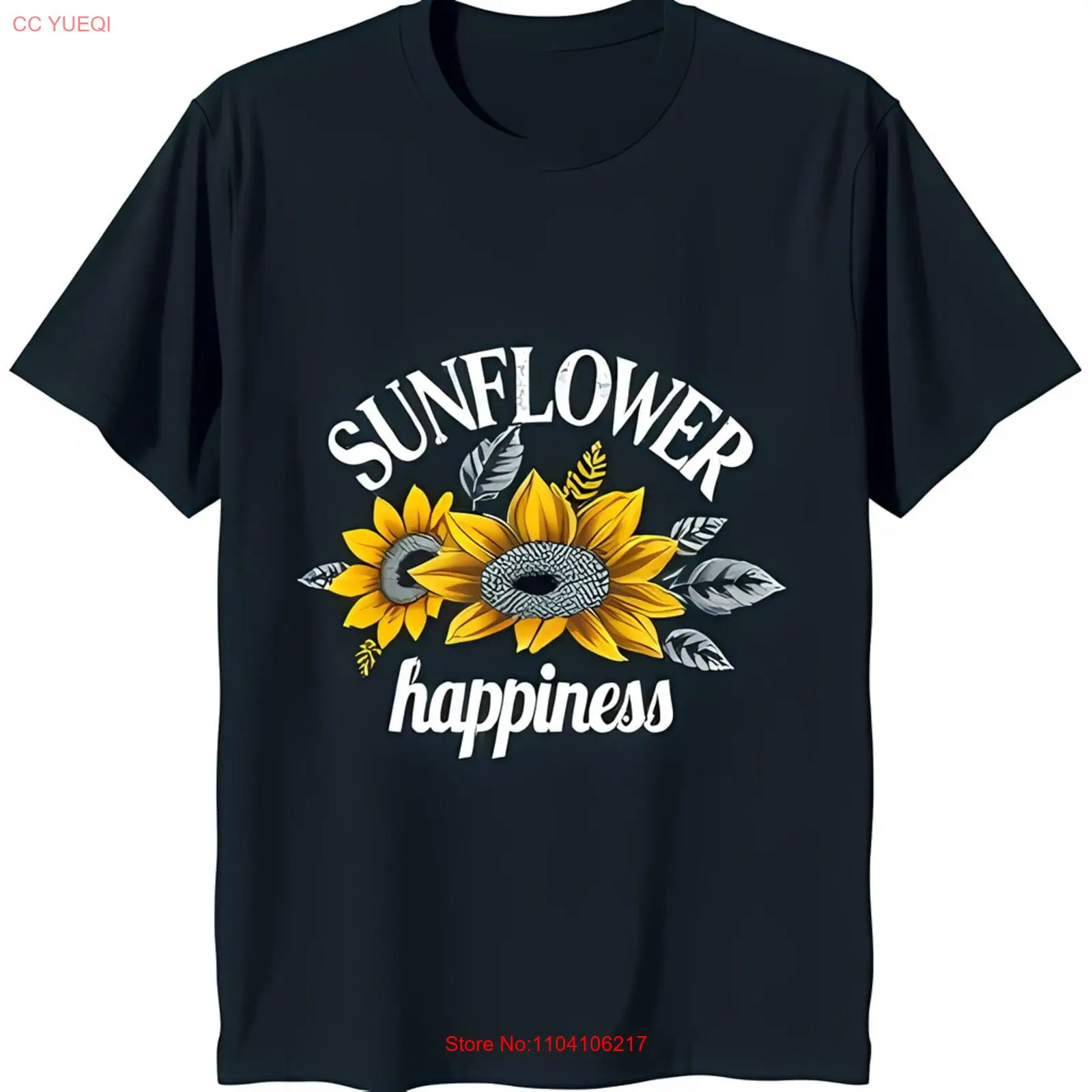 

Черная футболка с рисунком подсолнечника и принтом «Счастье подсолнечника»