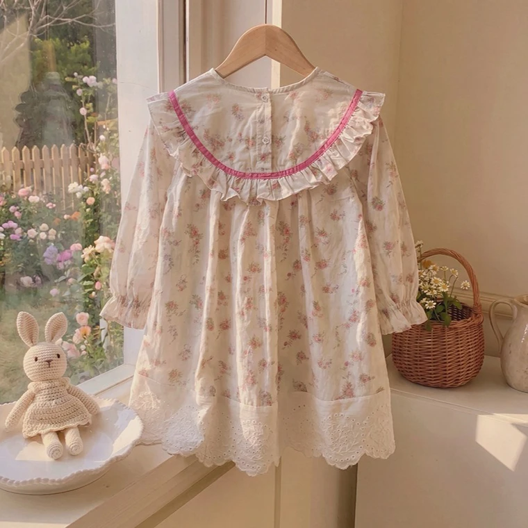 Girls' Dress 2026 Spring and Autumn New Children's Clothes Girls' Baby Fashion French Sweet Printed Lotus Princess Dress