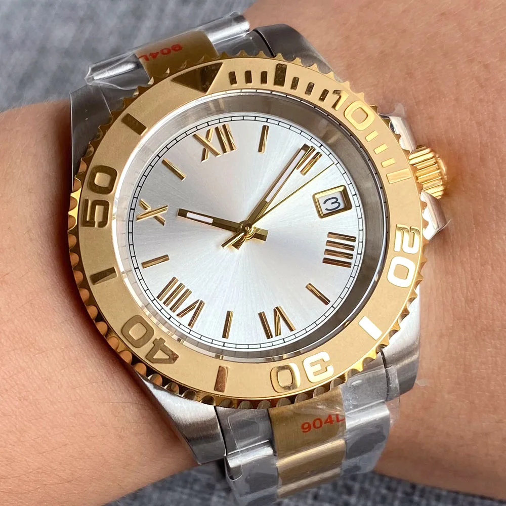

40 мм двухцветное золото NH35A автоматические мужские часы золотые римские цифры Sunburst серебряный циферблат стальной браслет сапфировое стекло скользящая пряжка