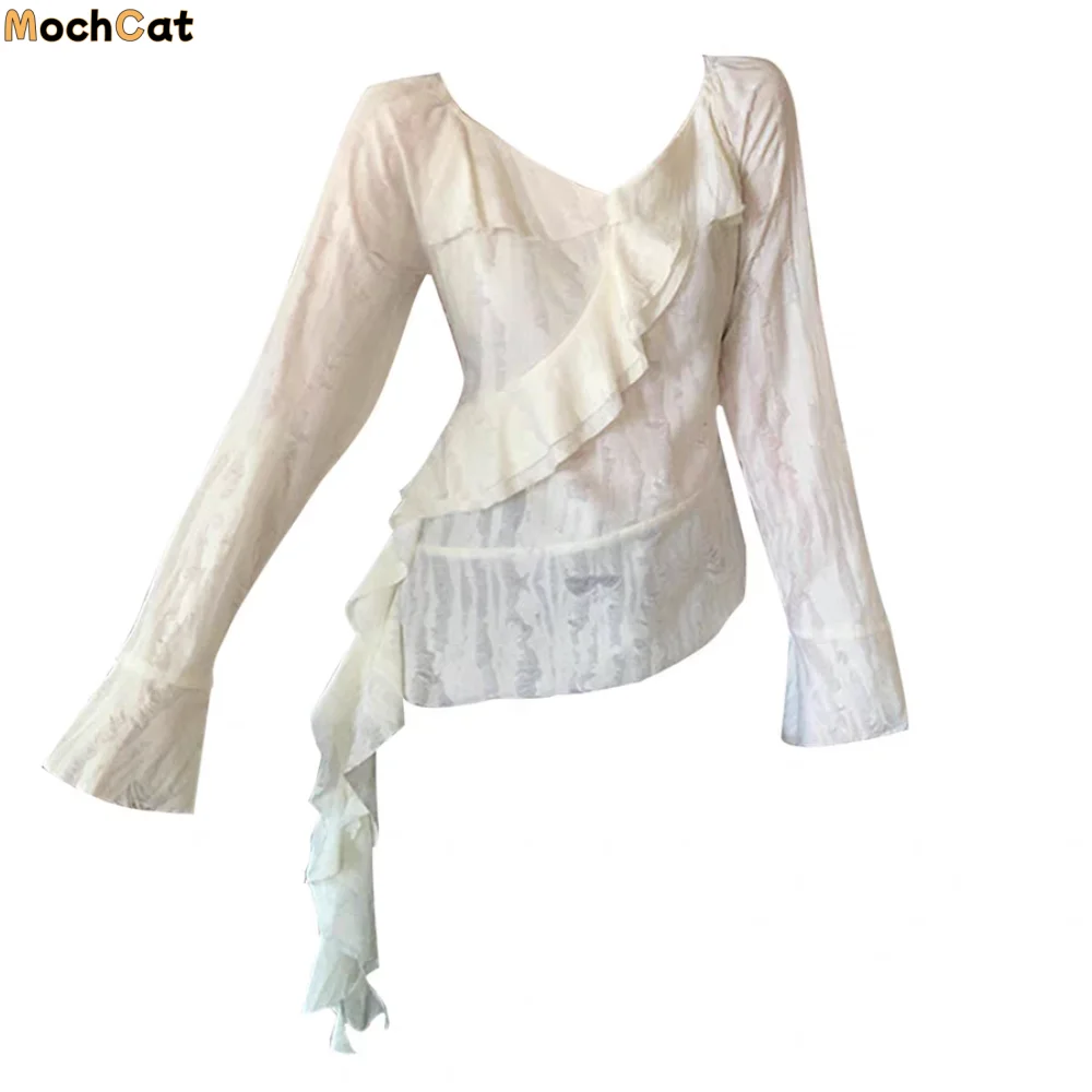 

Bell Sleeve Irregular T-Shirts Women Slim Fit Pleated Long Sleeve Top Basic Female Clothing Retro Mesh Broken T-Shirt Streatwear