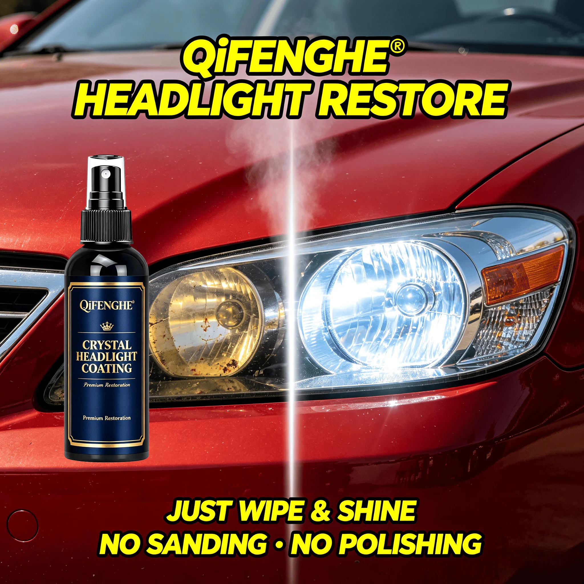 Headlight Lens Cleaner – Repairs Oxidation/Foggy Lights, No Sanding, Safe Formula, UV Protection