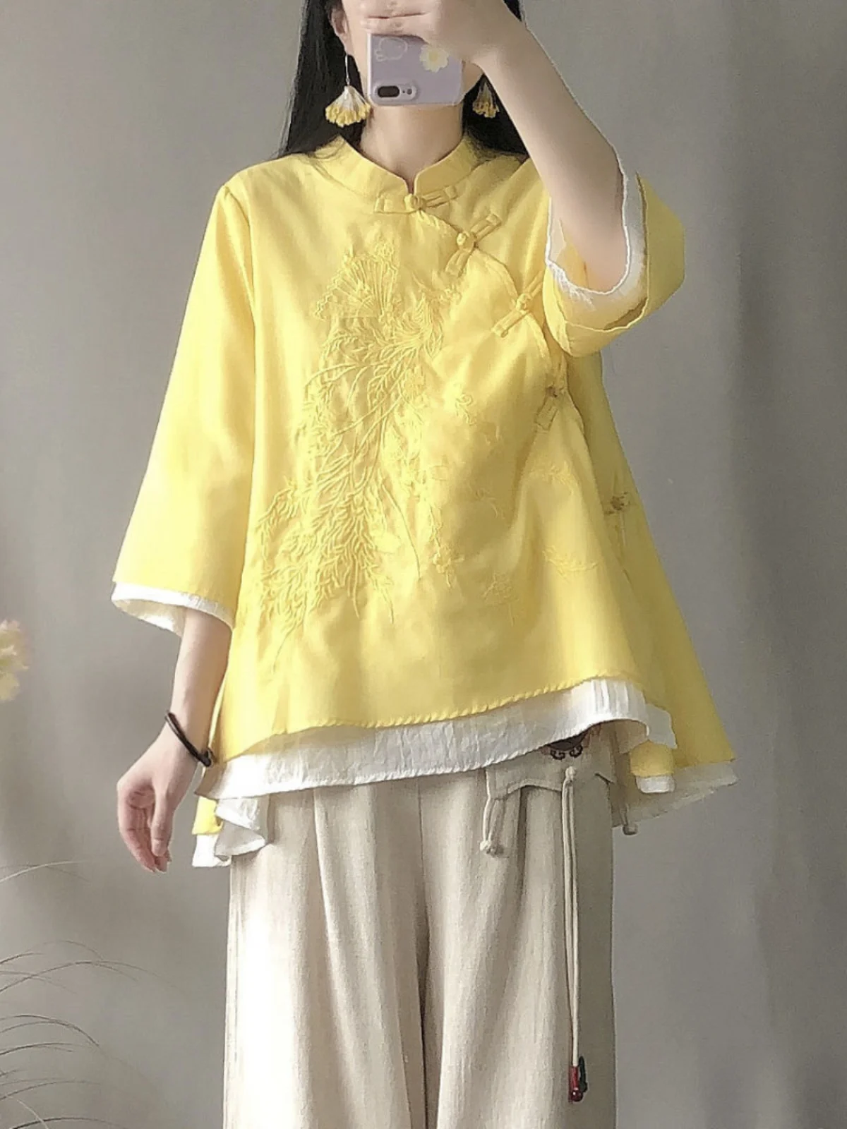 New Chinese Style Loose Women's Hanfu Set with Button up Top Ancient Zen Mood Tea Service Clothing Cotton Material