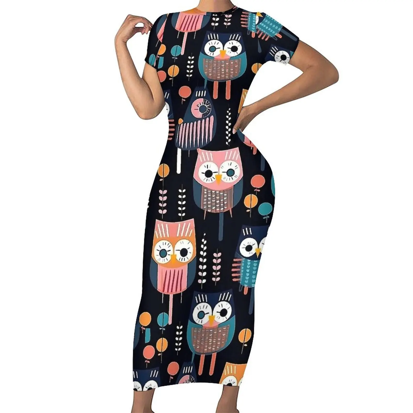 

Geometric Bold Owl Bodycon Dress Womens Colorful Animal Retro Maxi Dresses Spring Short Sleeve Streetwear Design Oversized Dress