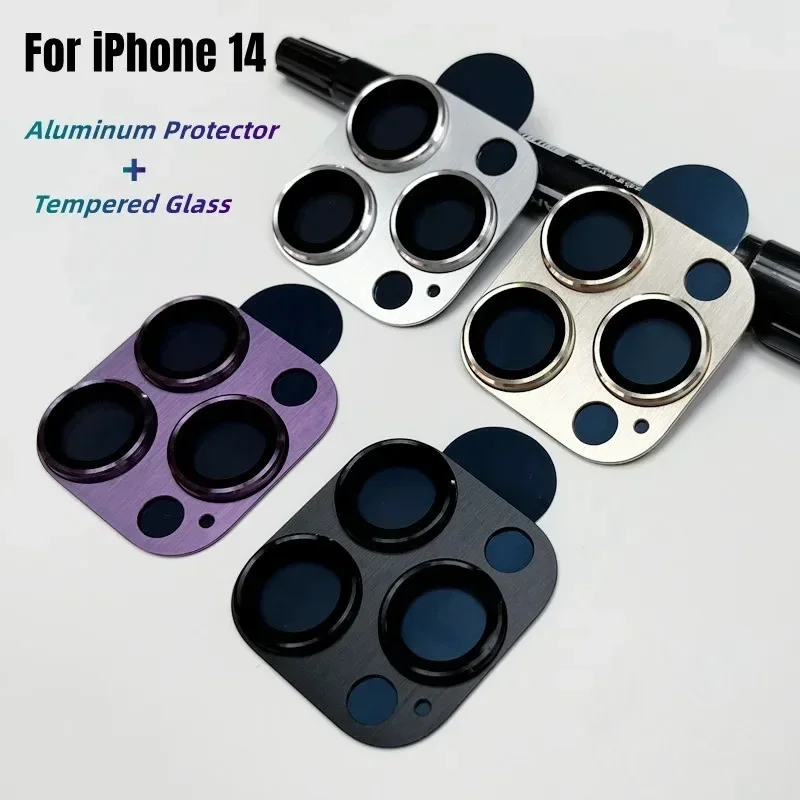 Metal Camera Lens Protector para iPhone, Tampa Completa, Liga de Alumínio, Vidro Temperado, 14, 13, 15 Pro Max, 14 Plus, 13Mini
