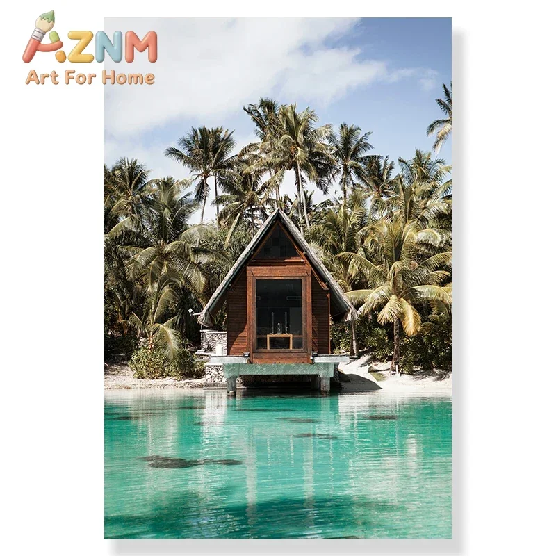 2026 Tropical Beach Ocean Palm Tree Banana Leaves Canvas Poster Holiday Chalet Stairs Print  Summer Seascape House Painting