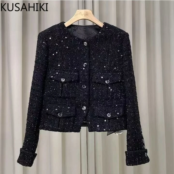 KUSAHIKI Elegant Coat Women 2023 Autumn New Korean Black Fashion Cardigan Tops Causal Single Breasted Long Sleeve Jackets