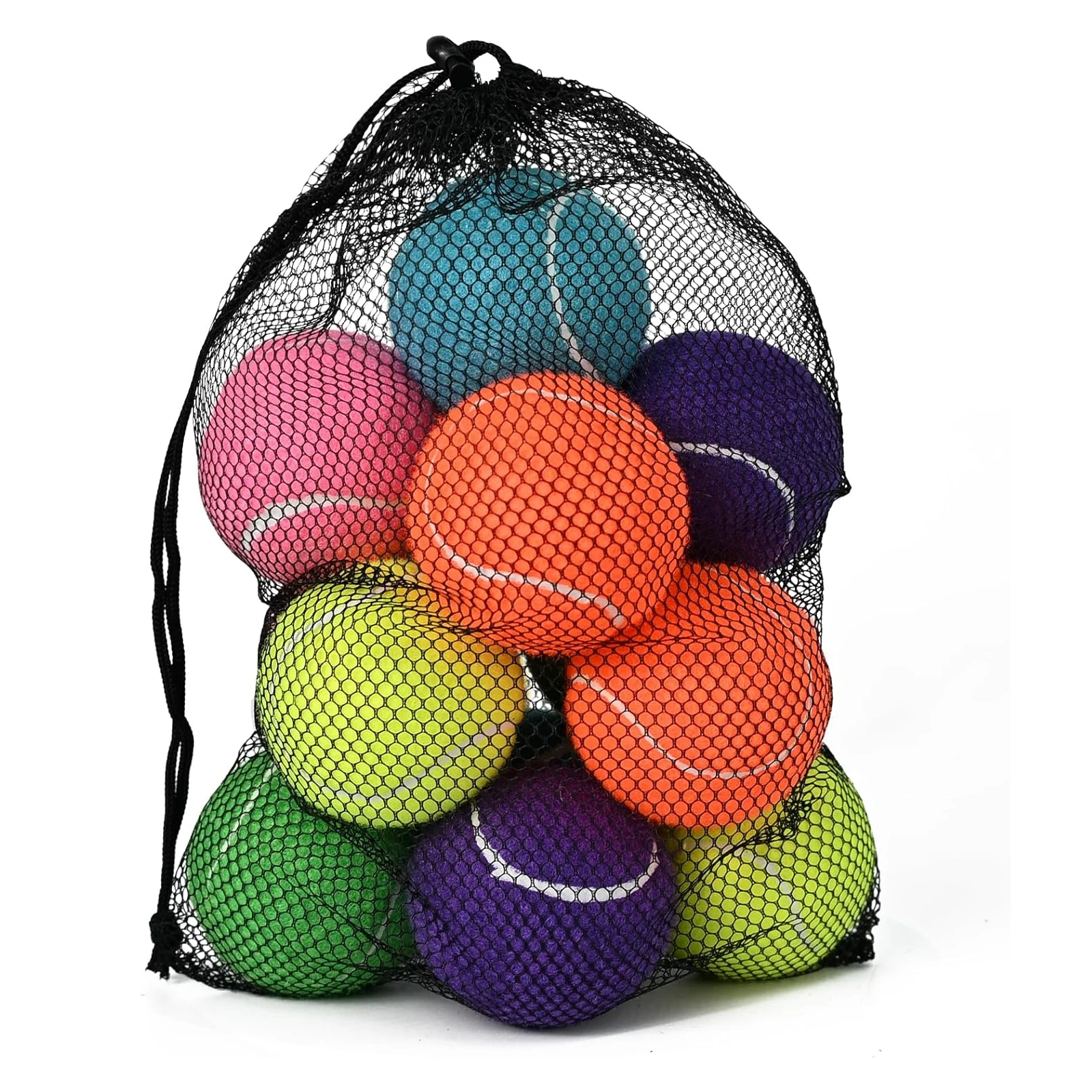 

12 прочных тренировочных теннисных мячей с сетчатым мешком - легко переносить, разные цвета, идеально подходят для игр с собаками