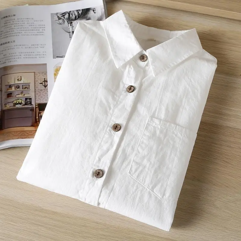 Biała koszula damska z długim rękawem z czystej bawełny, profesjonalna, na wiosnę i jesień, luźna, wyszczuplająca, z ukrytymi guzikami, modna odzież damska.