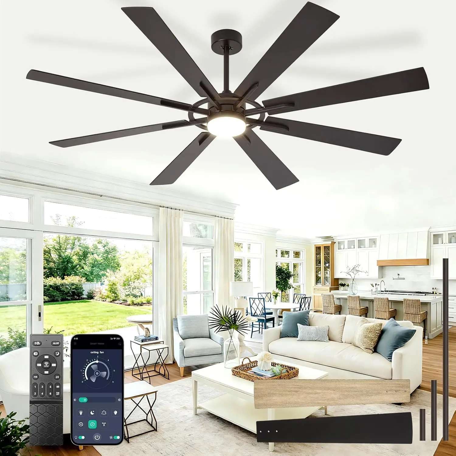 

Modern 72 Inch 8 Blade Outdoor Ceiling Fan with Remote APP Control - Dimmable Black Big Fan
