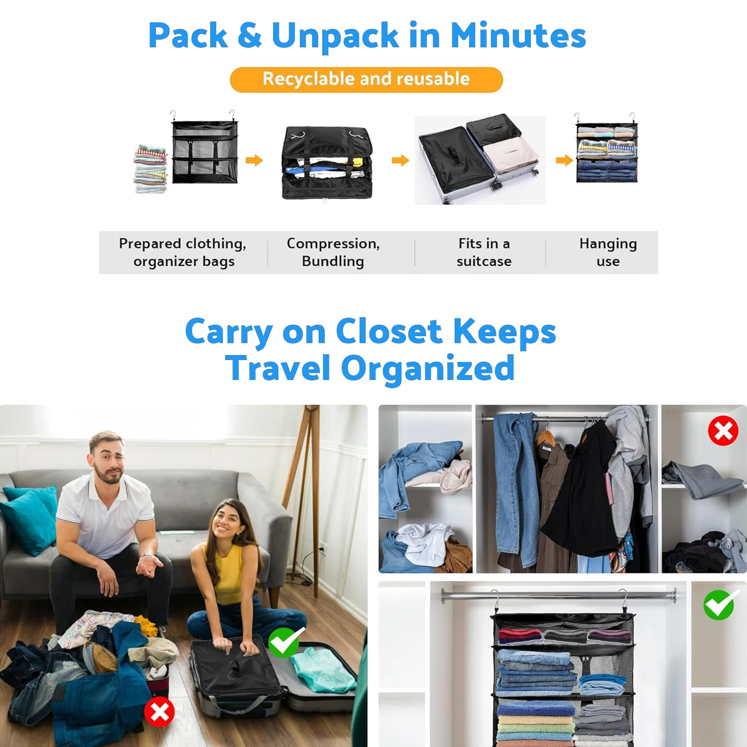 1 Piece Portable Hanging Travel Shelf, 20×17.7inch Luggage Packing Organiser, Large Travel Essentials (Black)