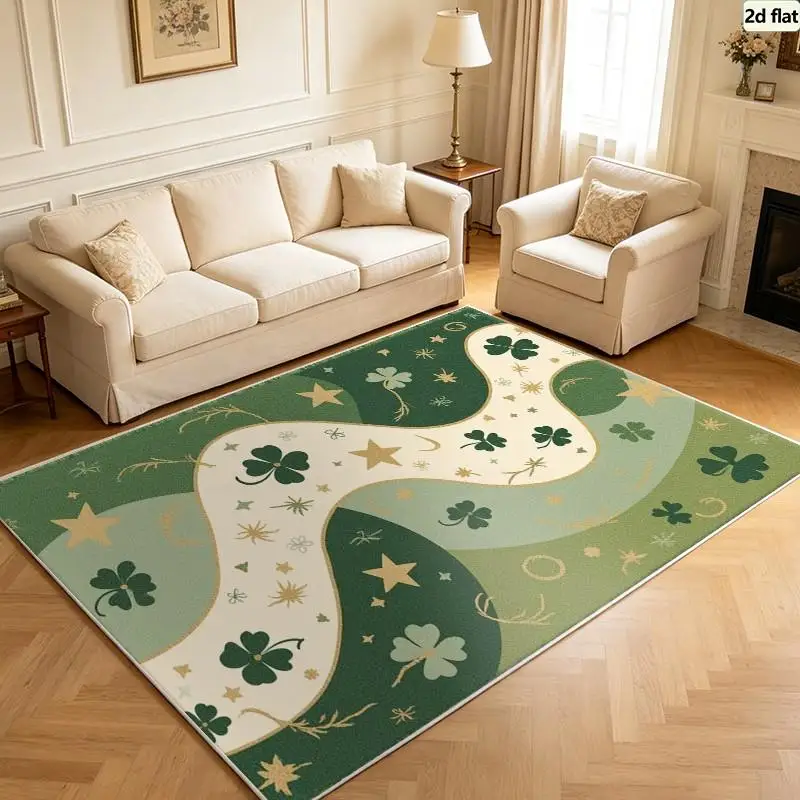 Carpet Flooring Green Clover Star Wave Square Area Rug Boho Saint Patrick Floral Floor Carpet Household Room Decor