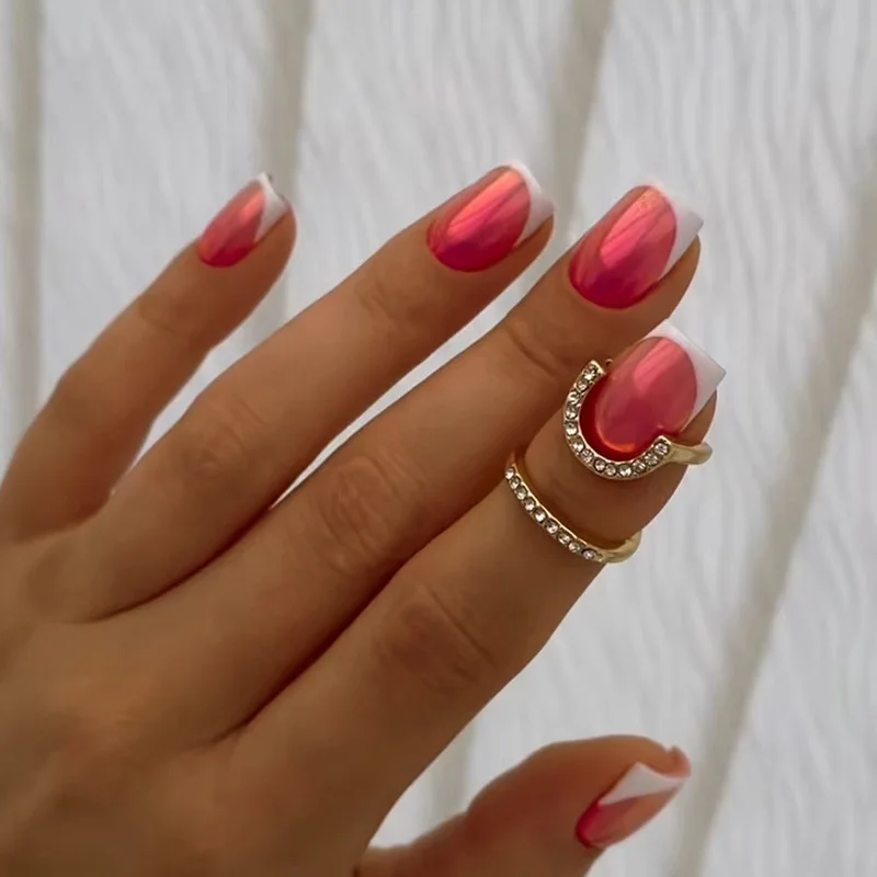 

24pcs French Iridescent Press-On Nails - Red & White Color Block Tips Short Oval Ins-Chic Style False Nails With Wearing Tools