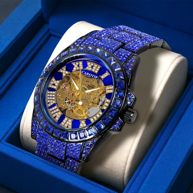 A men's blue steel belt business temperament Roman numeral tourbillon automatic mechanical watch