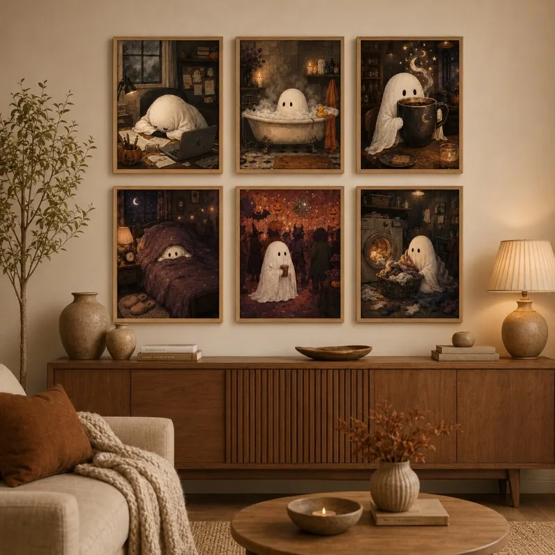 Cute Ghost Wall Art Retro Halloween Canvas Prints Funny Daily Life Spooky Ghost Vintage Home Room Halloween Decor Posters