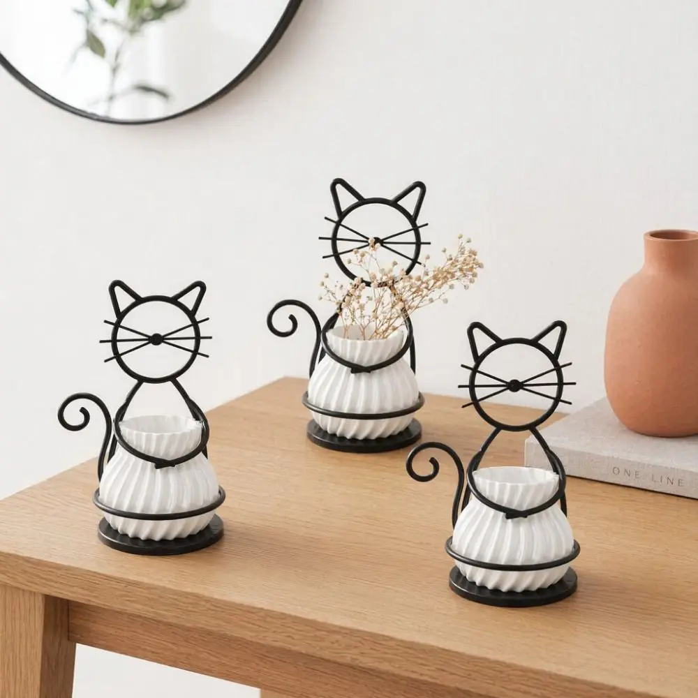 3D Printed Cat Shaped Vase Creative Ornaments Desktop Flower Vase Home Decor Multi-functional Metal Stand Flowerpot Home Decor