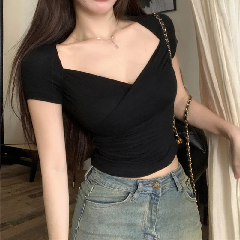 Red Sexy Deep V-Neck Short Sleeve T-shirt for Women Slim Off-Shoulder Crop Top Summer White Tee Shirt Elastic Female Casual Tops