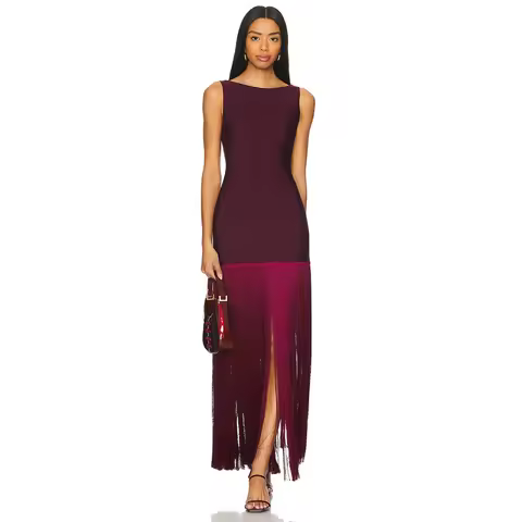 Modern O Neck Burgundy Evening Gown Mermaid Tassel Women's Formal Prom Dress Sleeveless 2025 Ankel Length Party Dress Long