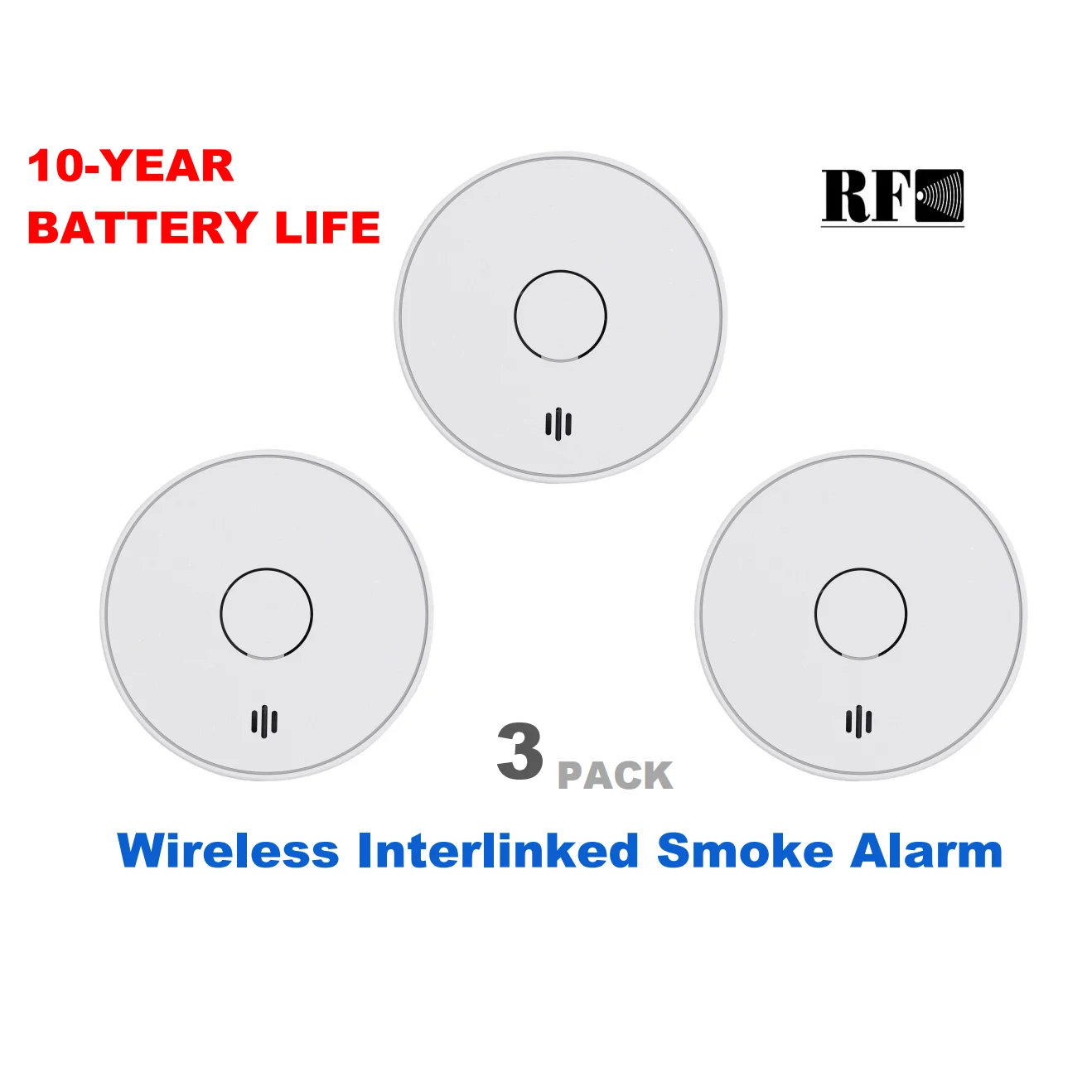 Wireless Interlinked Smoke Alarm with Sealed 10-Year Battery, Wireless interconnected Smoke Detector, CE EN 14604, VS02F,3-PACK