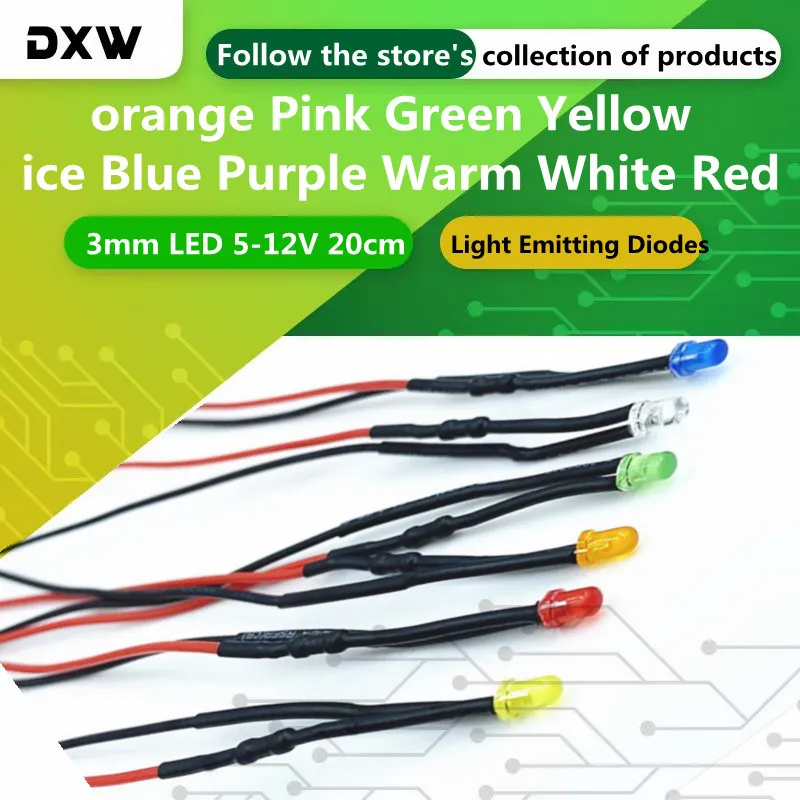 10 pz/lotto 3mm LED 5-12V 20cm precablato bianco rosso verde blu giallo rosa UV RGB lampada a diodi decorazione diodi emettitori di luce