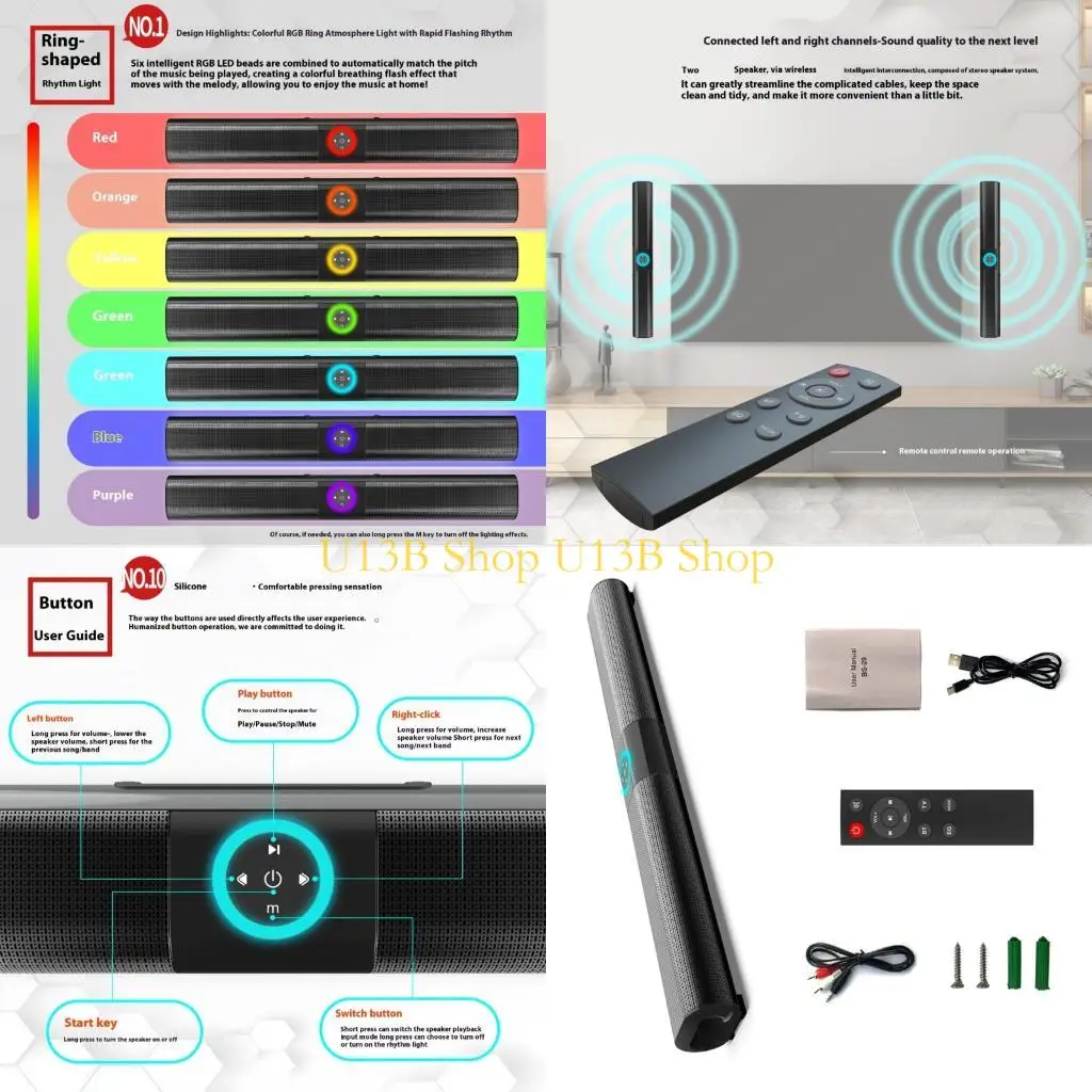 U13B Miniature Bluetooth-compatible Soundbar Equipped with Music Reactive Lighting for Household