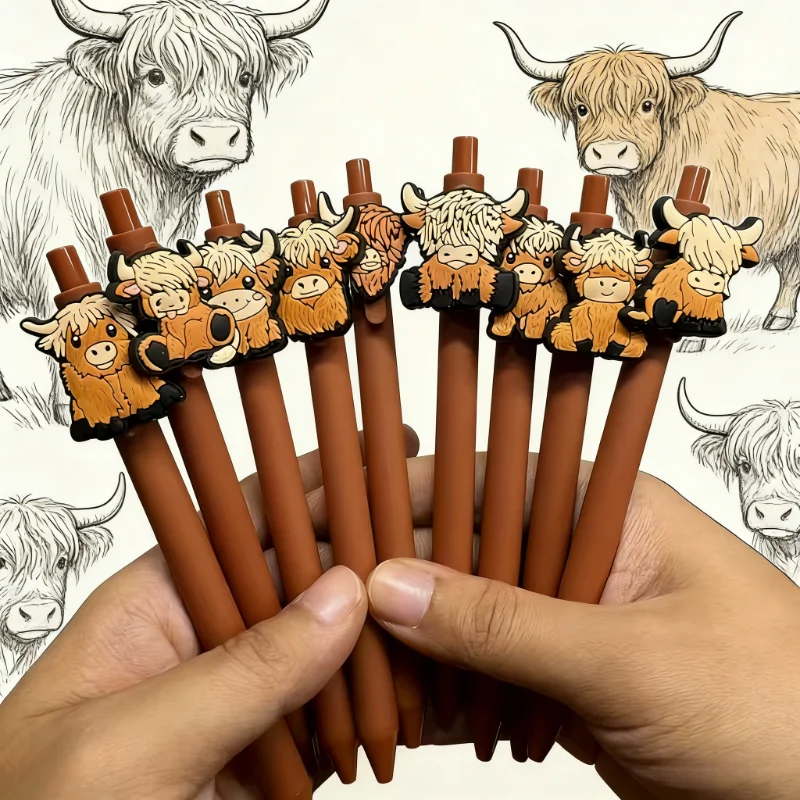 

Набор из 8/15 шариковых ручек с изображением высокогорного быка, коричневые, с животным дизайном, с выдвижным механизмом, канцелярские товары для офиса, ручки для подписи