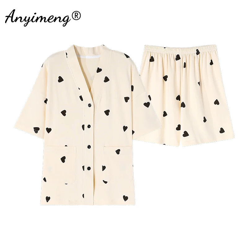 Summer Kimono Women Pajamas Fashion Woman V-neck Pijamas Kawaii Girl Pajama Japanese Pijamas Strawberry Printed Nightwear