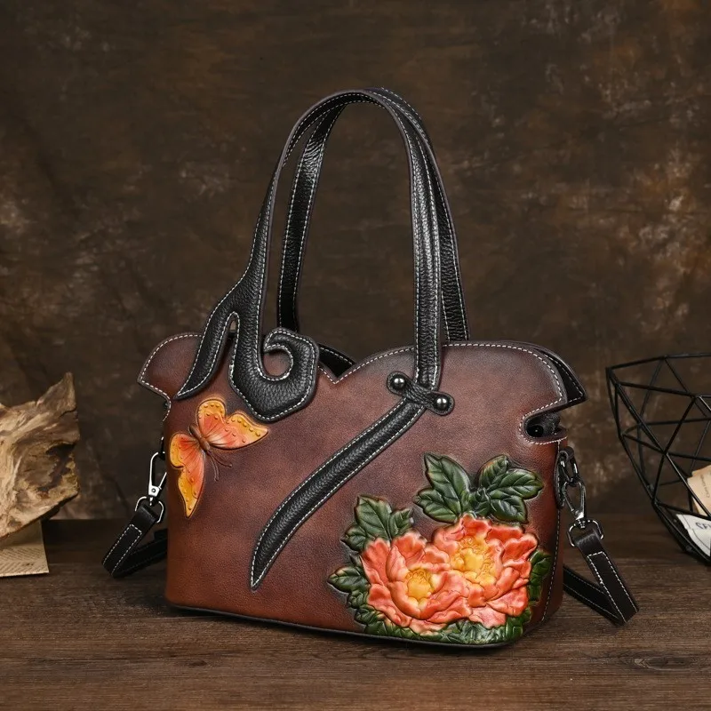 Johnature 2024, nowa torebka damska z prawdziwej skóry, ręcznie robiona, tłoczona, luksusowe torebki w stylu retro, torby na ramię i crossbody o