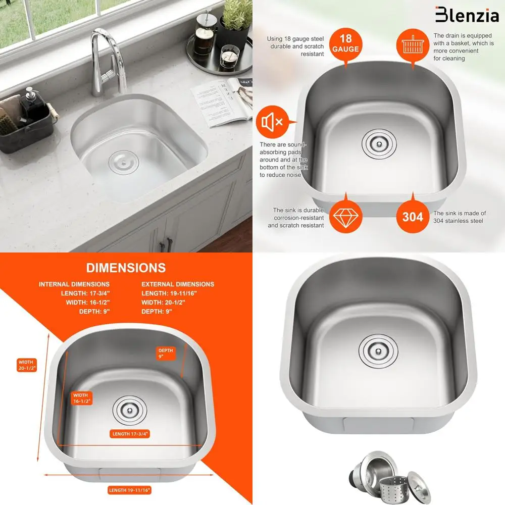 

20 Inch Undermount Stainless Steel Single Bowl Kitchen Sink with Strainer for RV, Camper, and Wet Bar