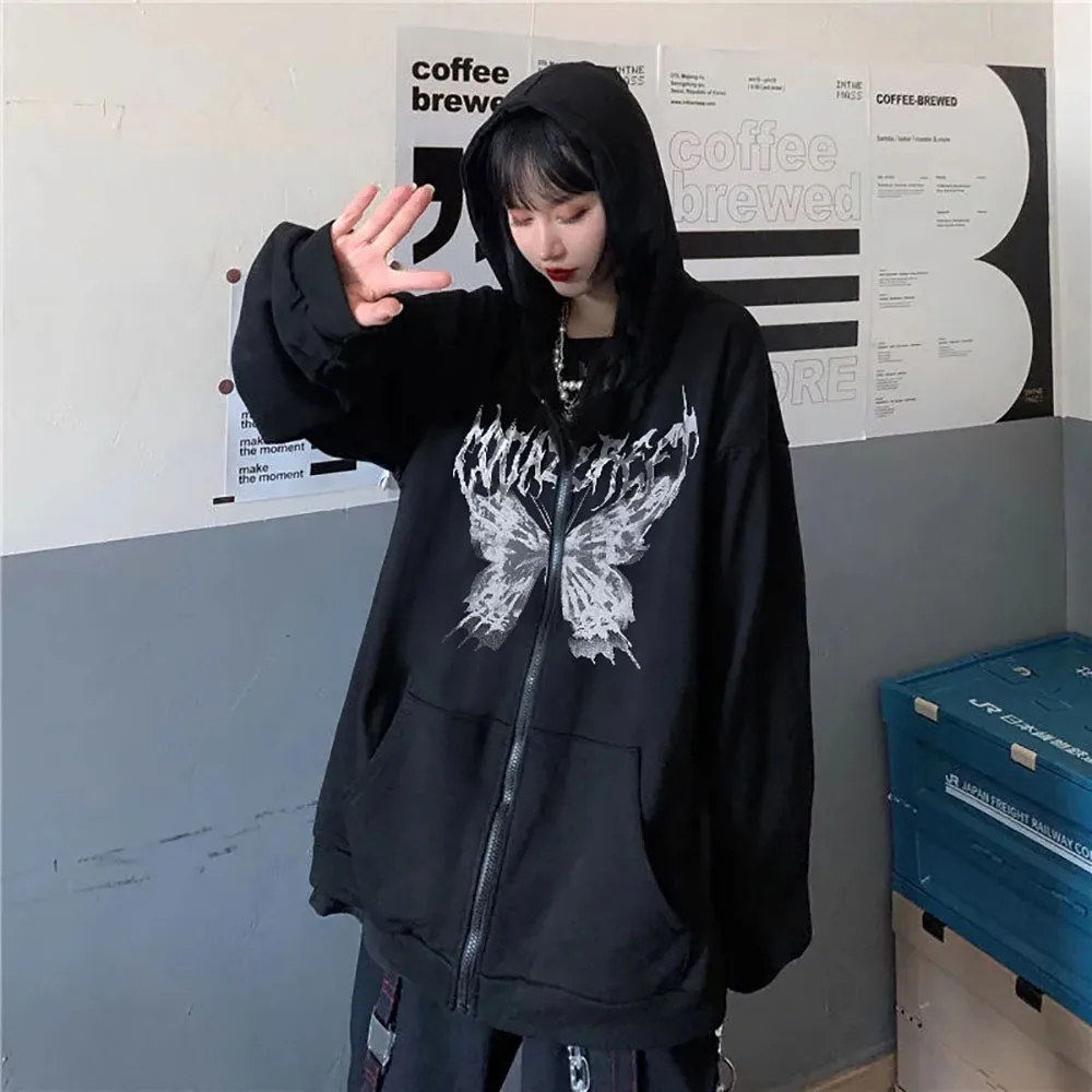 Gothic Butterfly Print Hooded Autumn Winter Y2K Hoodies Zip Up