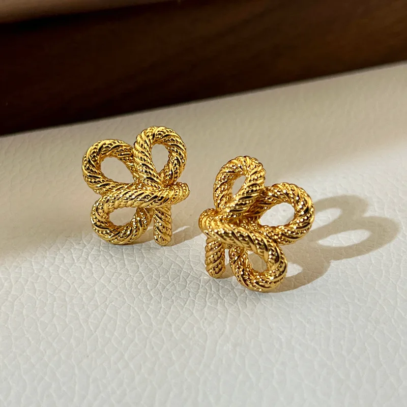 

New 925 Sterling Silver Stud Earrings Floral Knot String Gold Color Punk For Women Girl Gift Jewelry Dropshipping Wholesale