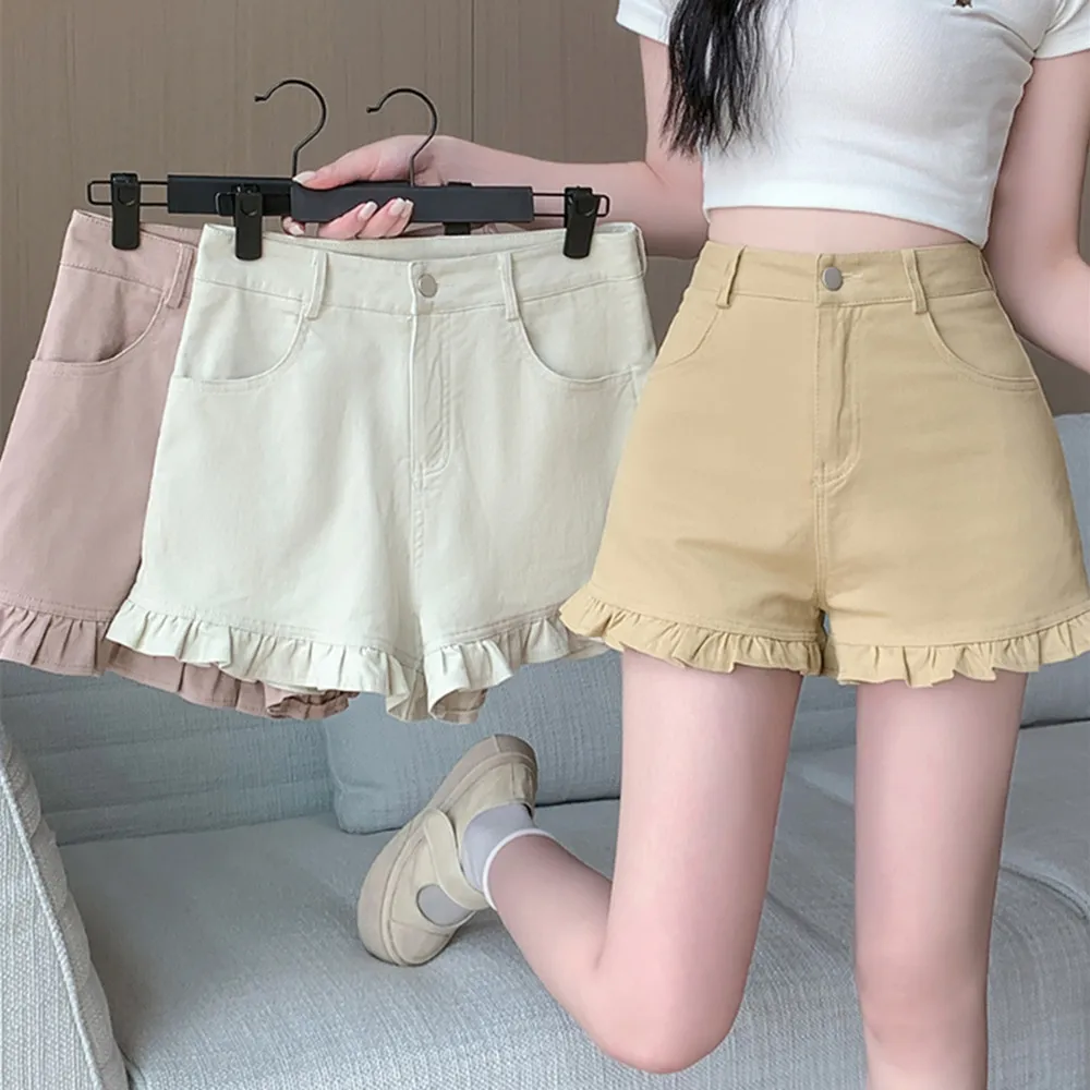 

2025 Women's Solid Color Denim Shorts Sexy Women Ruffle Short Length Pants High Waist Denim Culottes Women's jean shorts