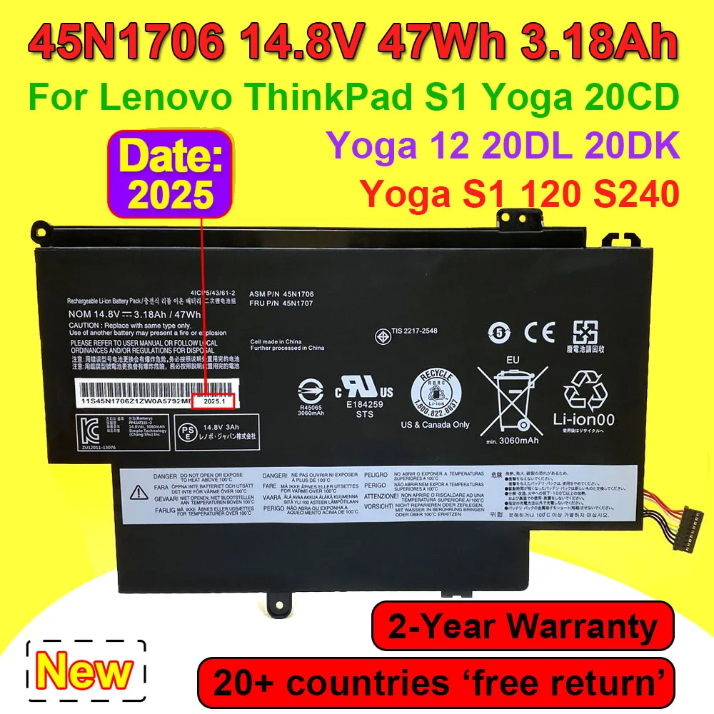 For Lenovo ThinkPad Yoga S1 120 S240 20CD/20C0 Yoga 12 20DL/20DK Pro 45N1705 45N1707 45N1704 45N1706 Laptop Battery 14.8V 47Wh