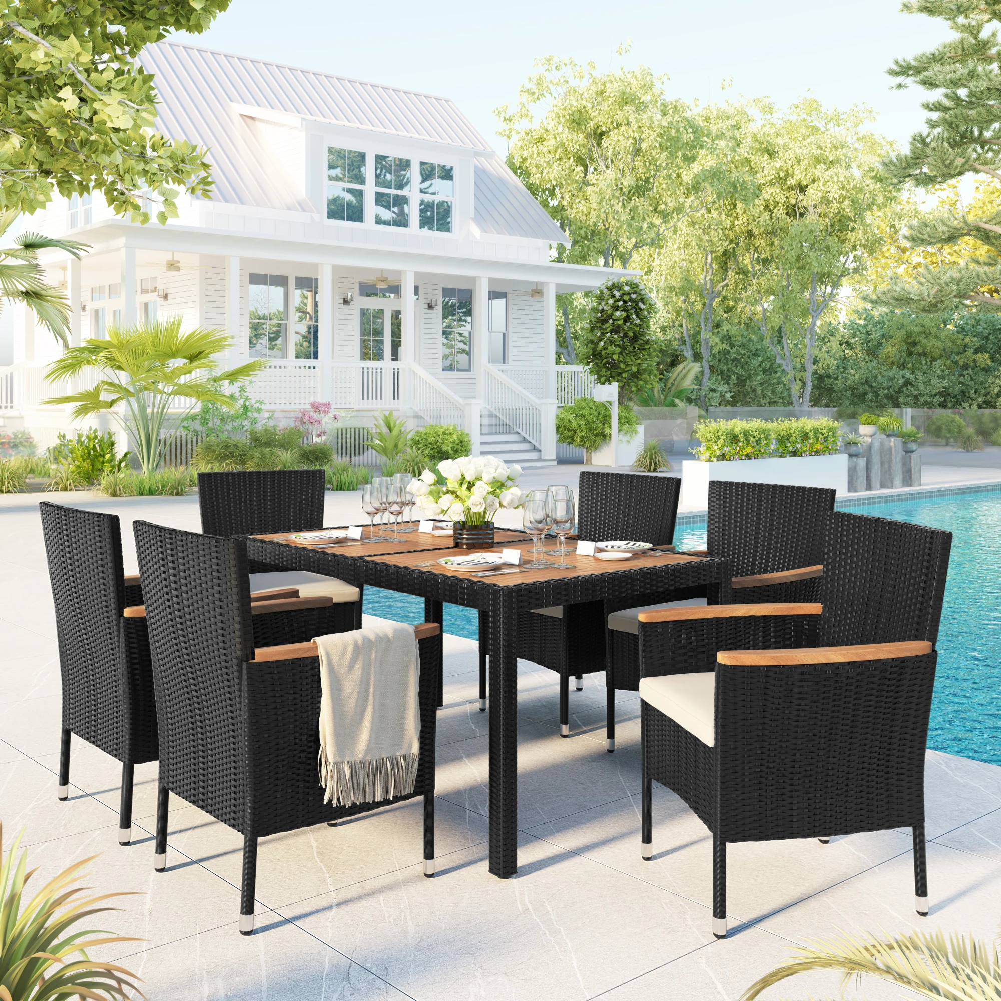 

7-Pcs Outdoor Patio Furniture Set Garden PE Rattan Wicker Dining Table&Chairs Set Acacia Wood Tabletop Stackable Armrest Chairs